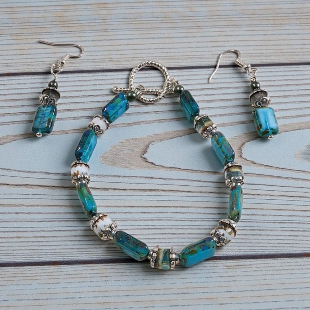 Handcrafted Czech Blue Waters Picasso Bracelet And Earrings Set